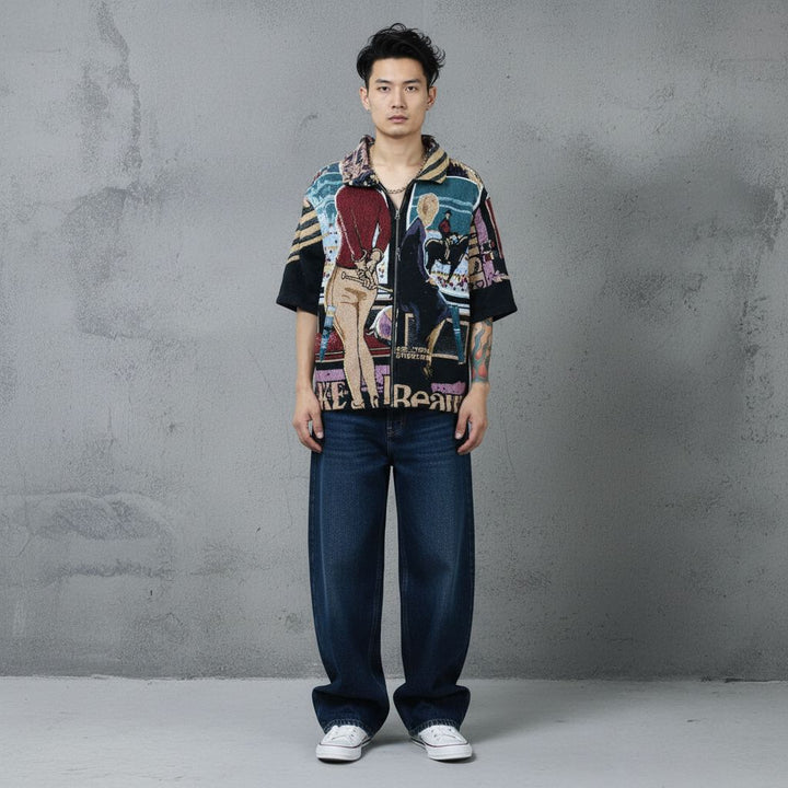 Upcycled Western Tapestry Zip Shirt Reworked Short Sleeve One Of A Kind Efaar