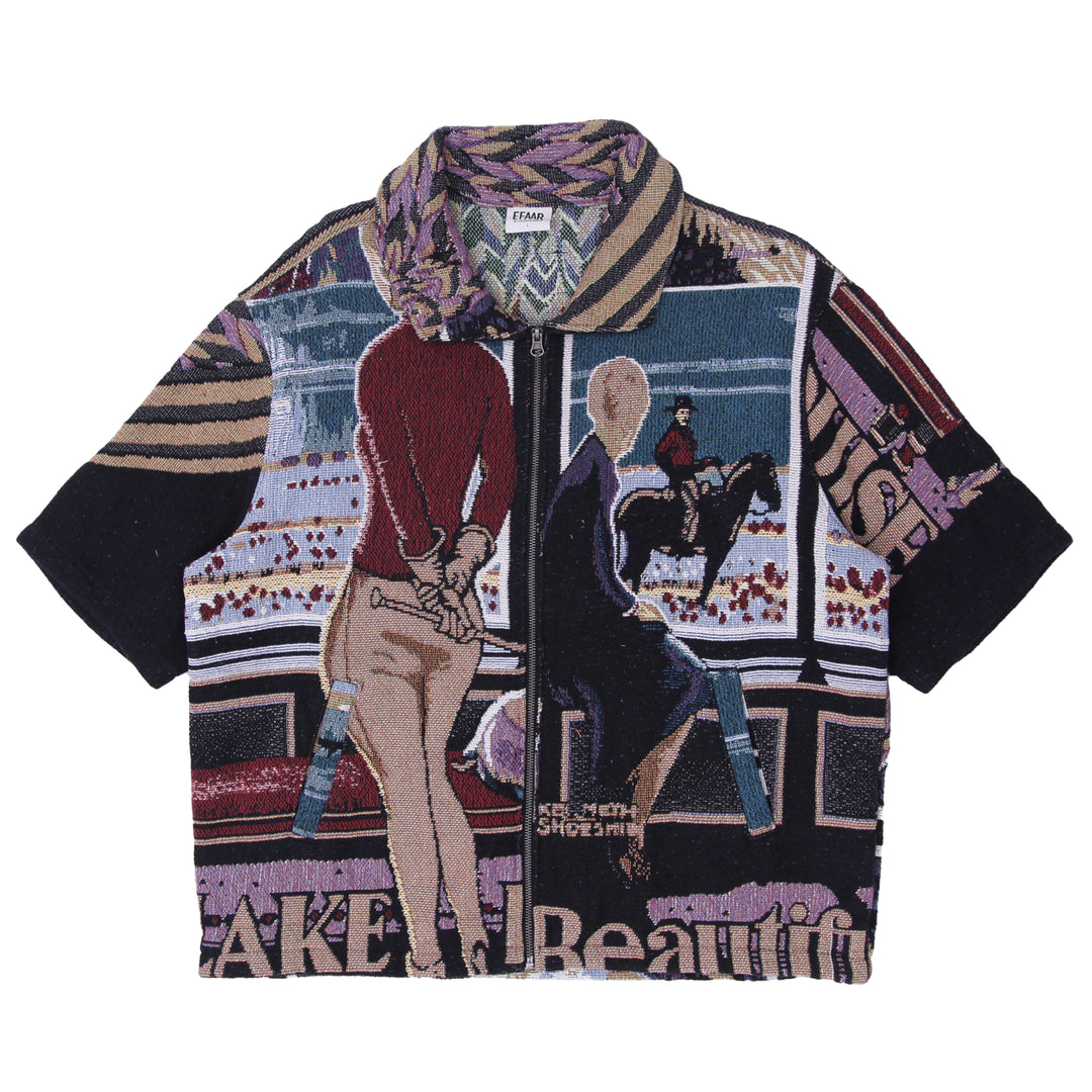 Upcycled Western Tapestry Zip Shirt Reworked Short Sleeve One Of A Kind Efaar