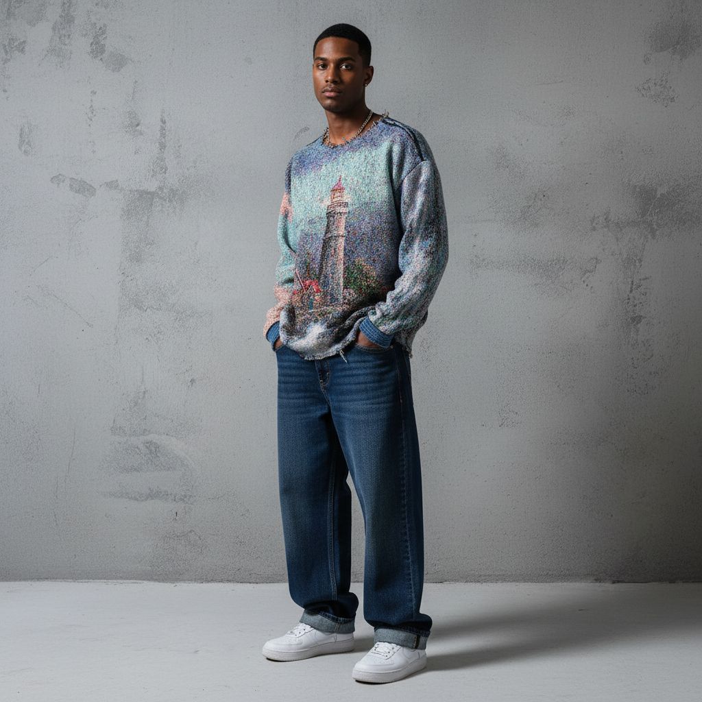 EFAAR Tapestry Detailed Lighthouse Scenic Design Jumper Sweater