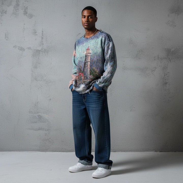 EFAAR Tapestry Detailed Lighthouse Scenic Design Jumper Sweater