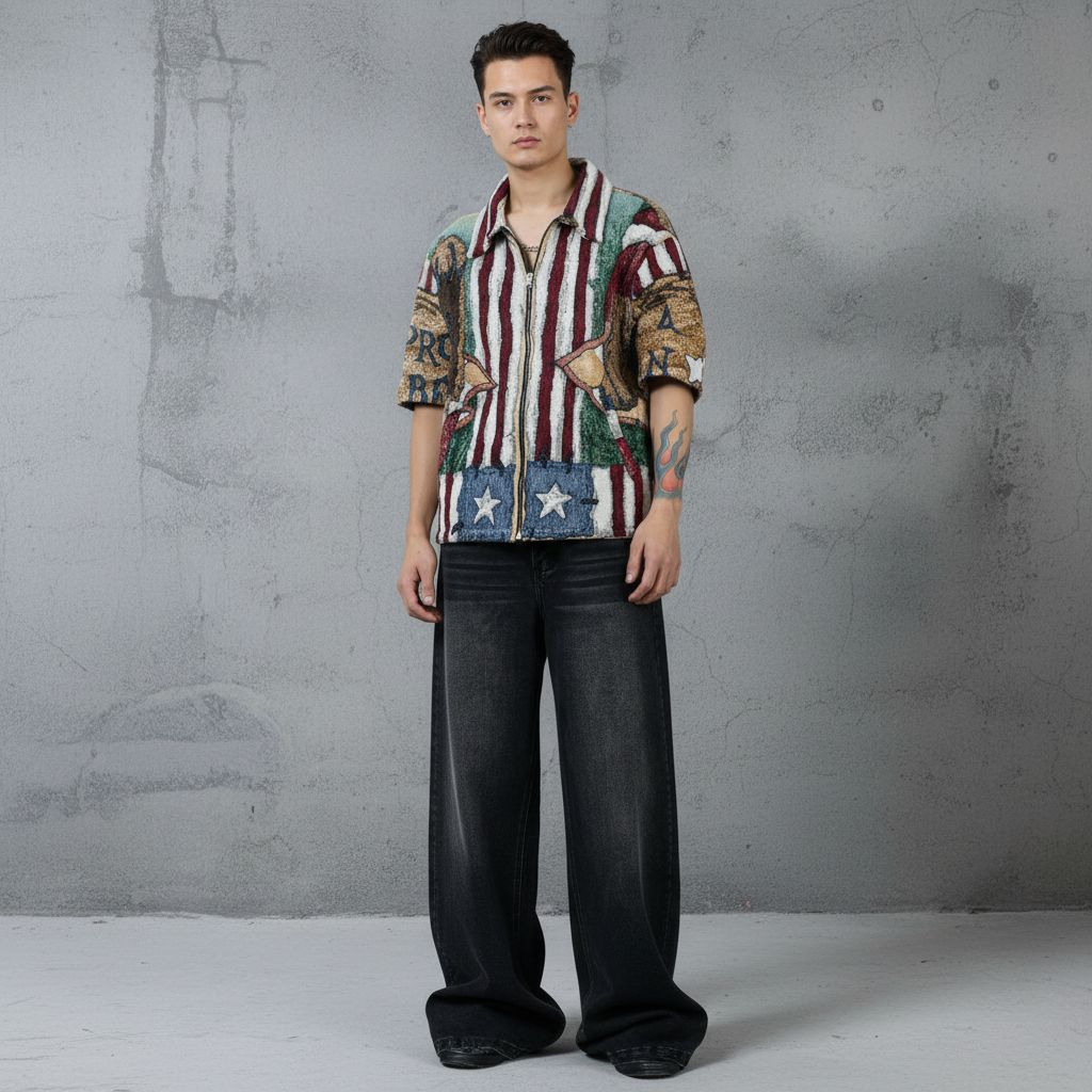 Unisex EFAAR Short Sleeve Zip Shirt Featuring Teddy Bear Back Graphic