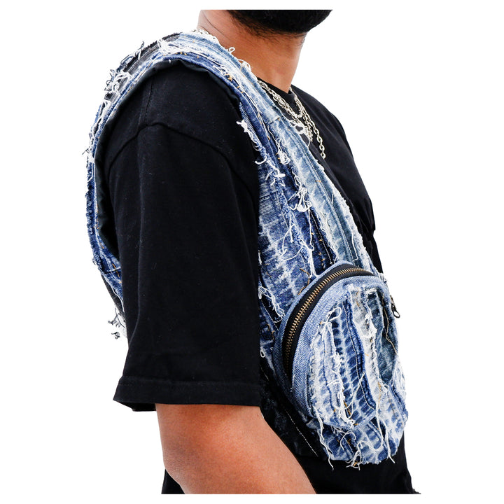 Denim Seam Patched Cross Body One Shoulder Adjustable Vest Unisex