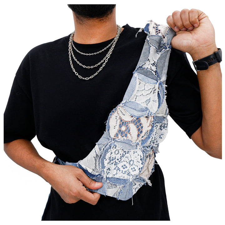 Denim Geometric Patched Lace Cross Body Adjustable Vest Unisex