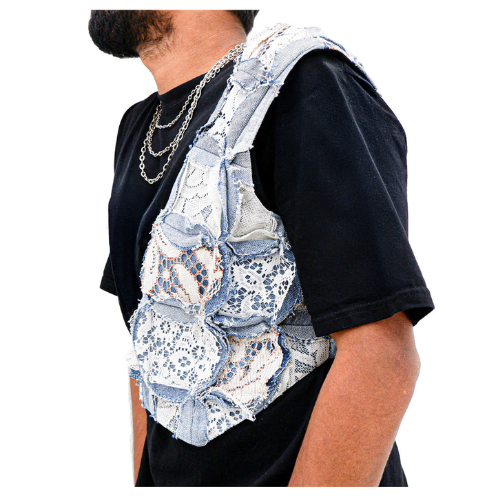 Denim Geometric Patched Lace Cross Body Adjustable Vest Unisex