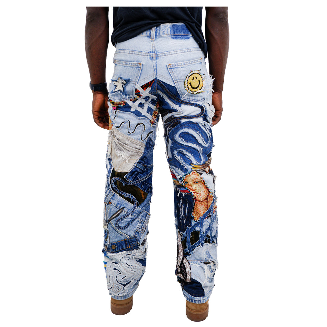 Denim Patched Zip Distressed Jeans Unisex